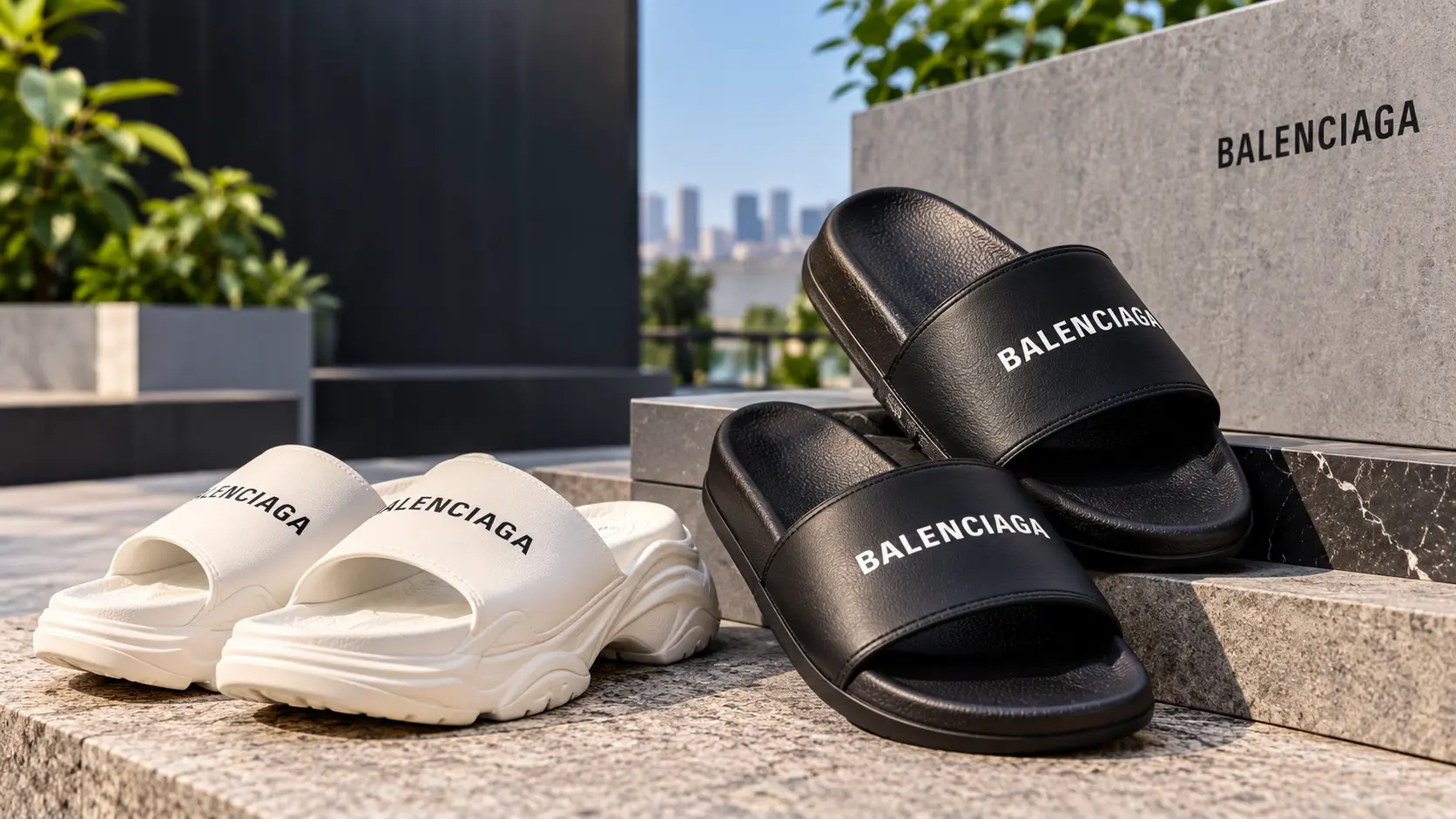 Luxury Balenciaga Slides on Stone Display